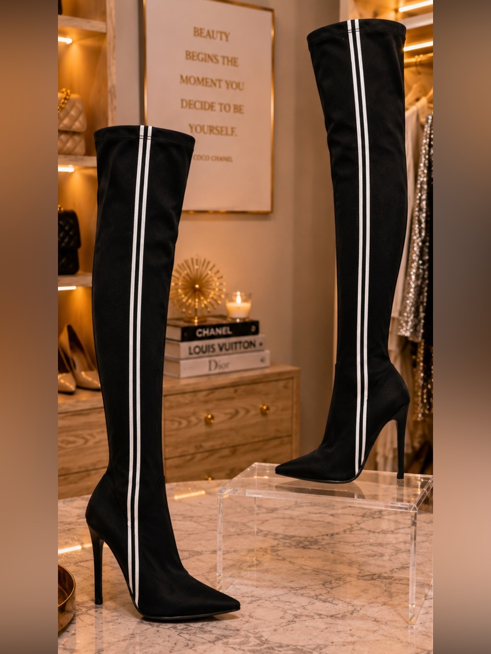 Bella LumaWomen’s Thigh High Stiletto Boots Black Stripe Sz 8 - Picture 2 of 13
